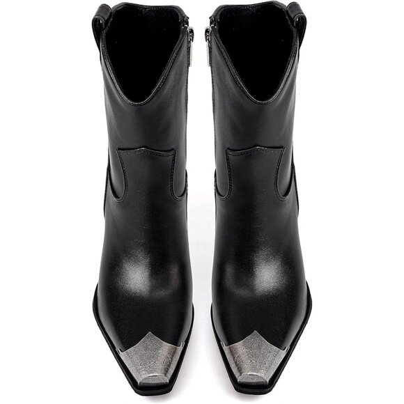 🆕Women Black Western Ankle Boots Metal Toe Booties Stacked Block Heeled Shoes - Picture 5 of 5